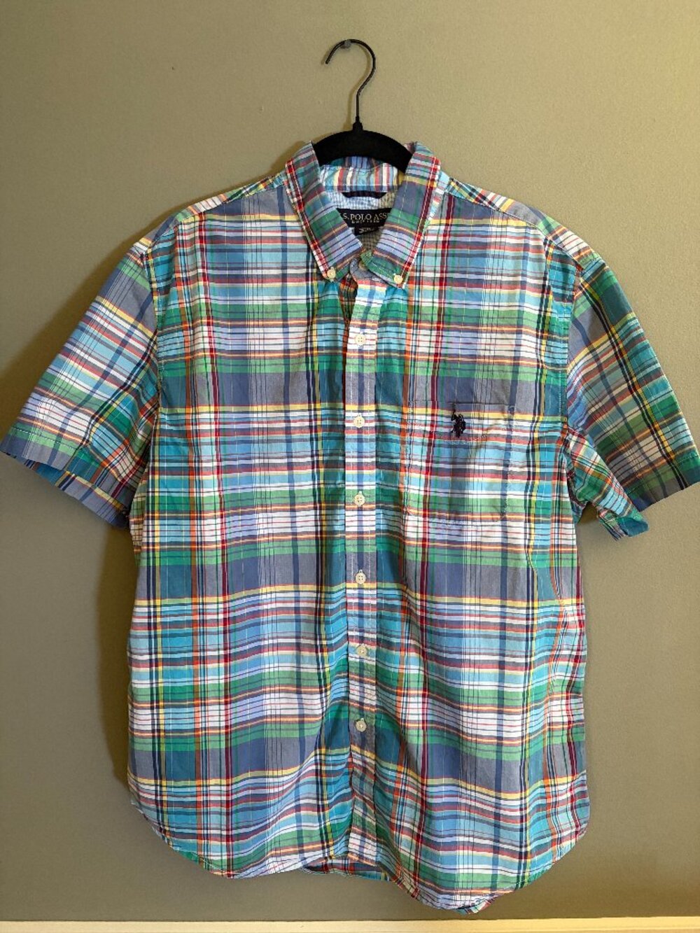 U.S. Polo Association Button Down Shirt Large Madras Plaid Short Sleeve Cotton